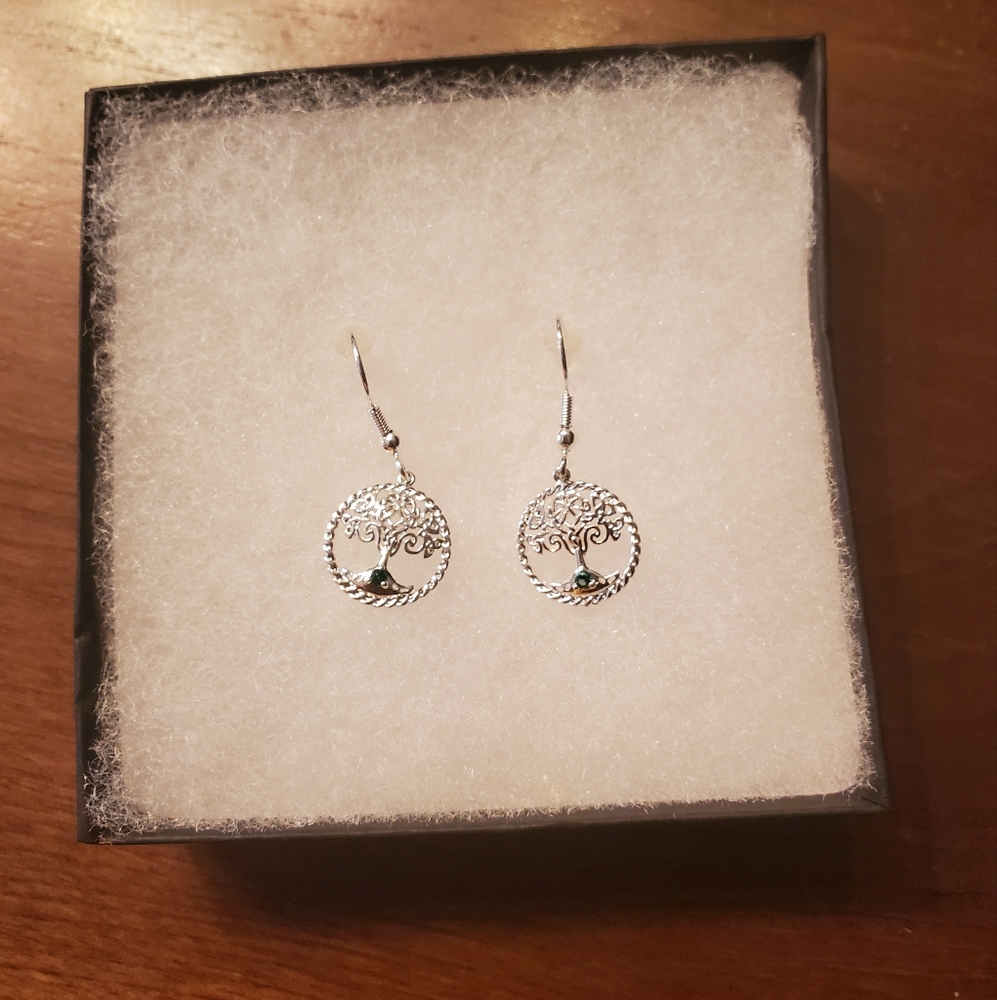Sterling Silver Tree of Life w/ Green Rhinestone Dangle Earrings